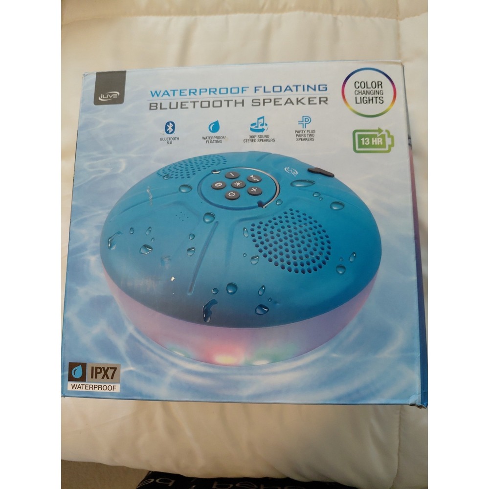 iLive Waterproof Floating Bluetooth Speaker ISBW322BU Blue Color Changing Lights